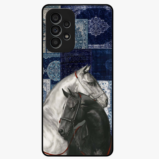 Midnight Stallion Blues Glass Case showing flat back view with majestic horse artwork and glossy glass finish.