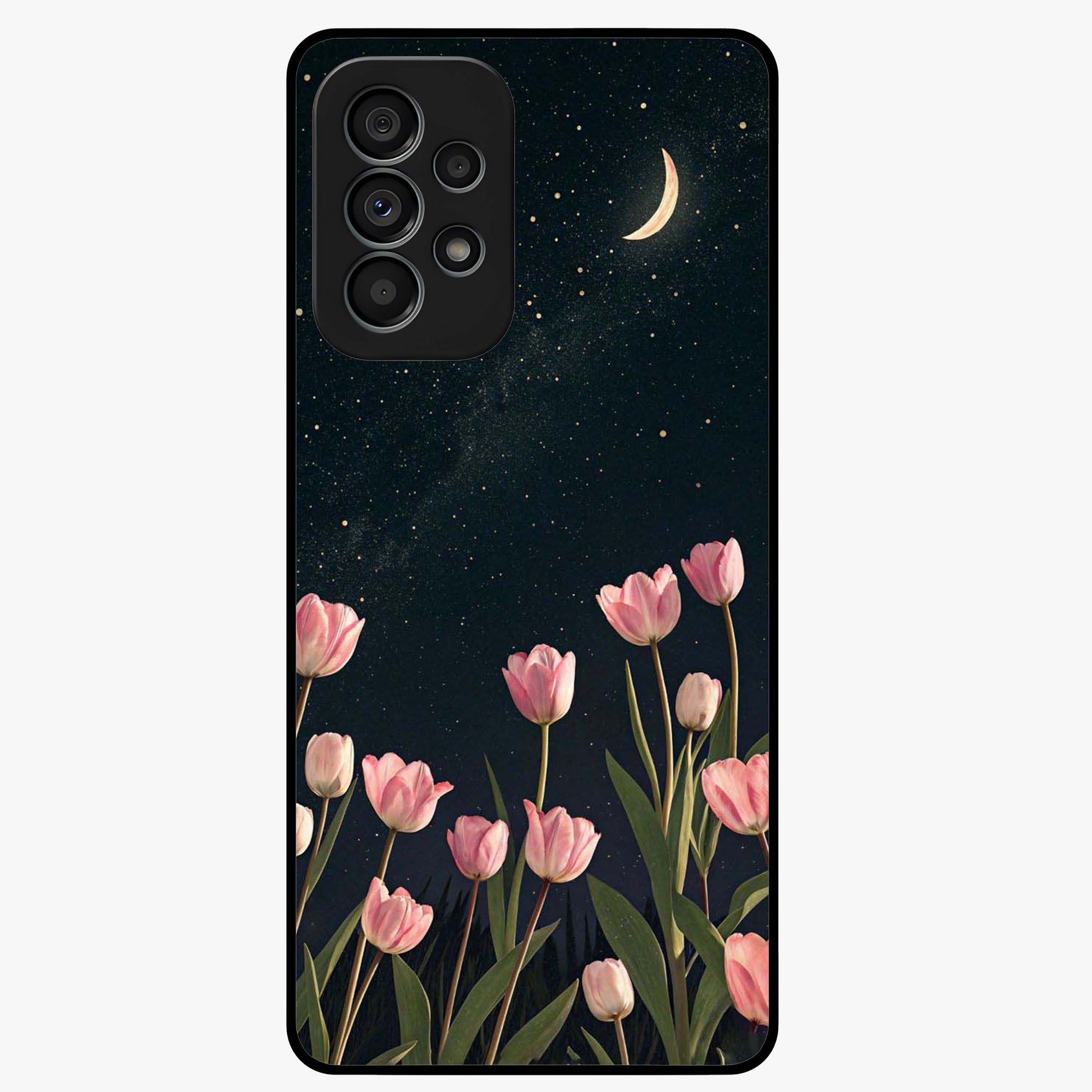 Midnight Tulip Whispers Vibe Glass Case showing flat back view with elegant tulip flower artwork and glossy glass finish.