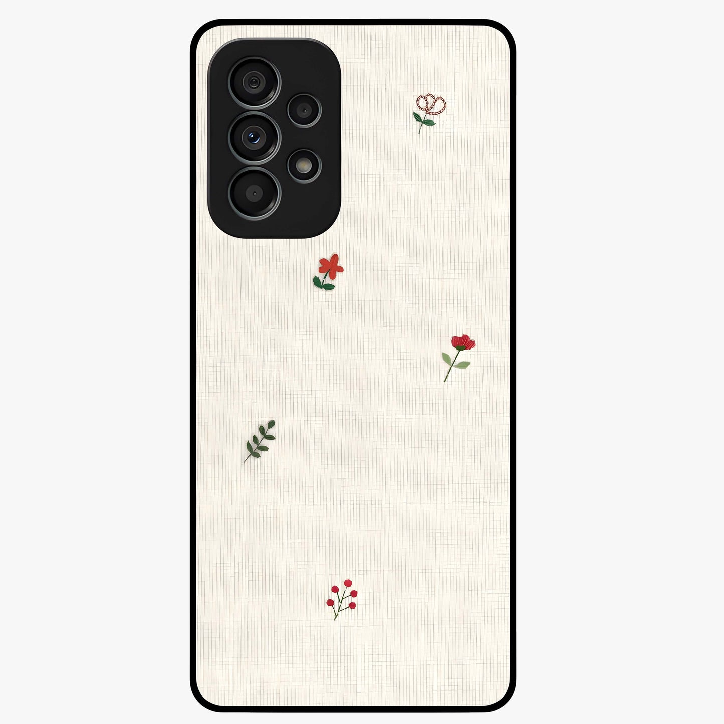 Minimal Petal Whispers Glass Case showing flat back view with soft minimal floral artwork and glossy glass finish.