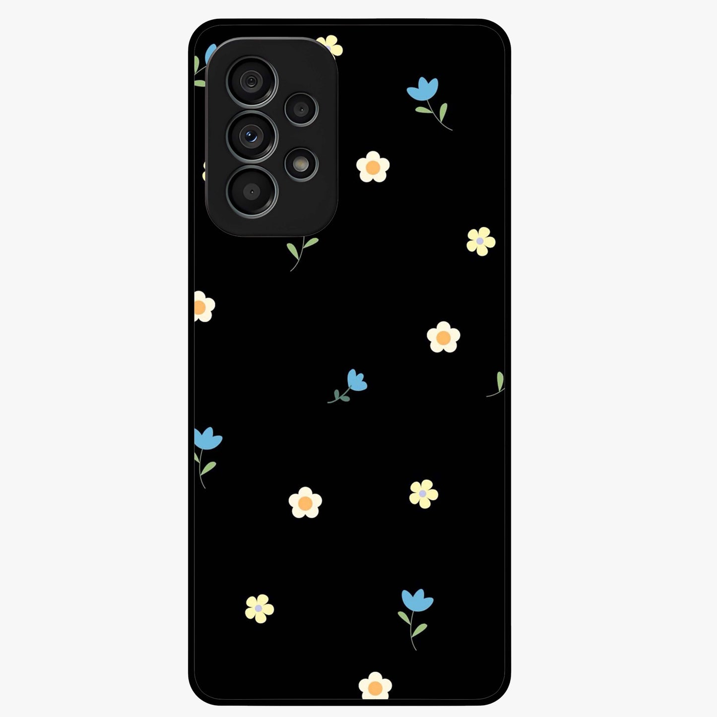 Minimalistic Blue With White Flower Pattern Glass Case showing flat back view with blue background and white flower pattern and glossy glass finish.