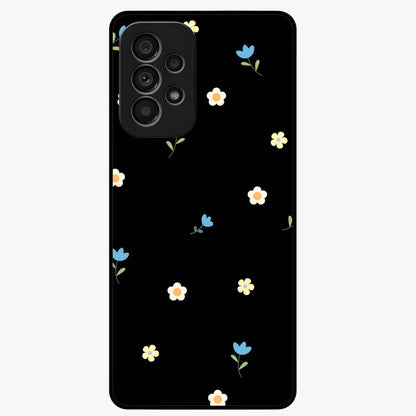 Minimalistic Blue With White Flower Pattern Glass Case showing flat back view with blue background and white flower pattern and glossy glass finish.