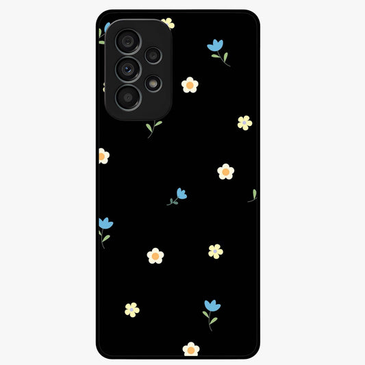 Minimalistic Blue With White Flower Pattern Glass Case showing flat back view with blue background and white flower pattern and glossy glass finish.