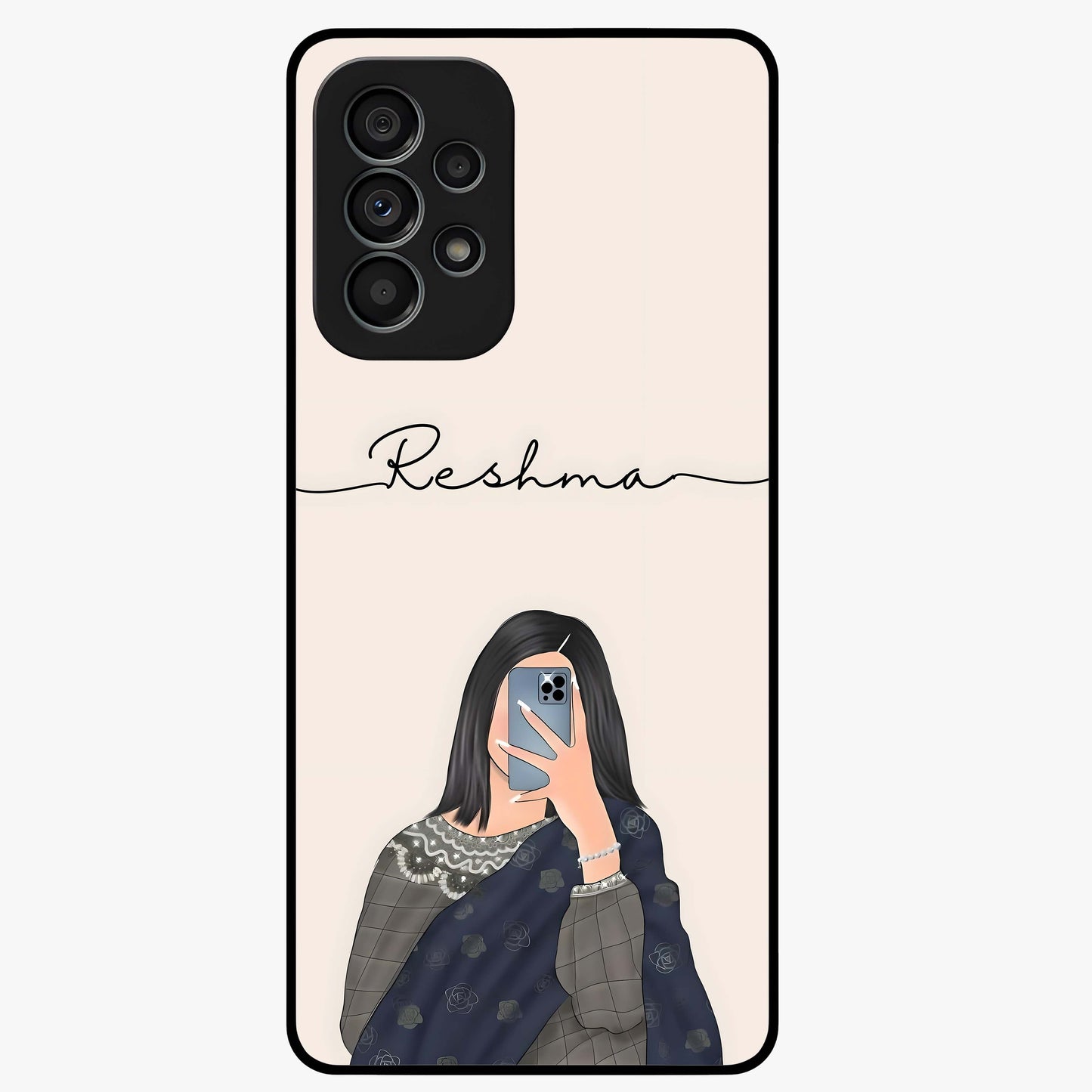 Mirror Mood Muse With Custom Name Glass Case showing flat back view with stylish mirrored artwork and personalized name design.