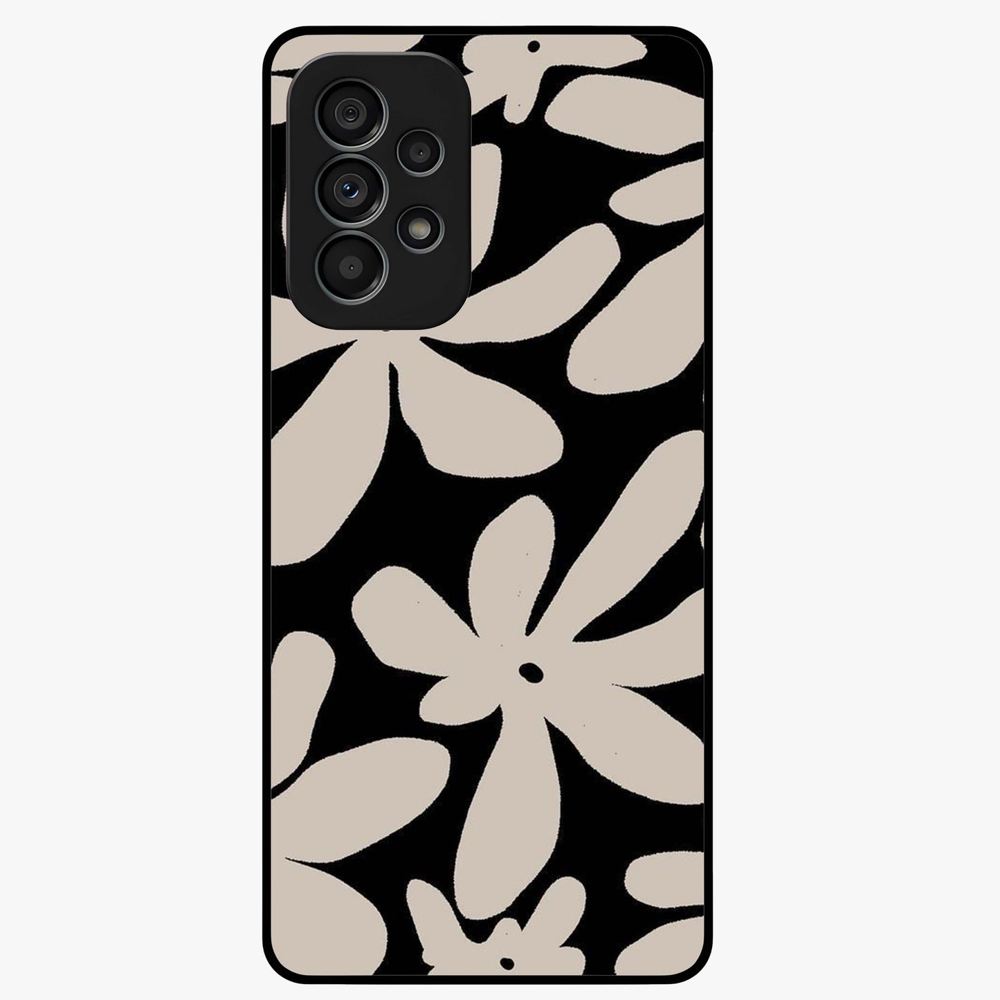 Monochrome Petal Dance Glass Case showing flat back view with monochrome floral artwork and glossy glass finish.