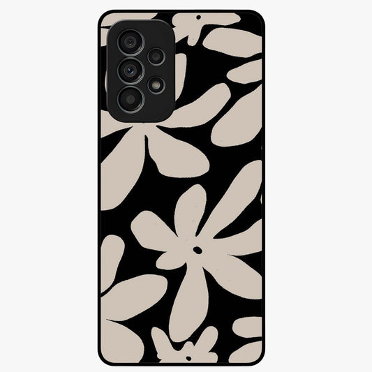 Monochrome Petal Dance Glass Case showing flat back view with monochrome floral artwork and glossy glass finish.