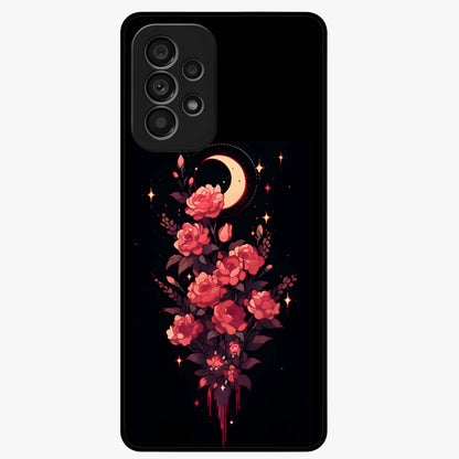 Moonlit Floral Elegance Glass Case showing flat back view with elegant floral artwork under moonlit tones and glossy glass finish.