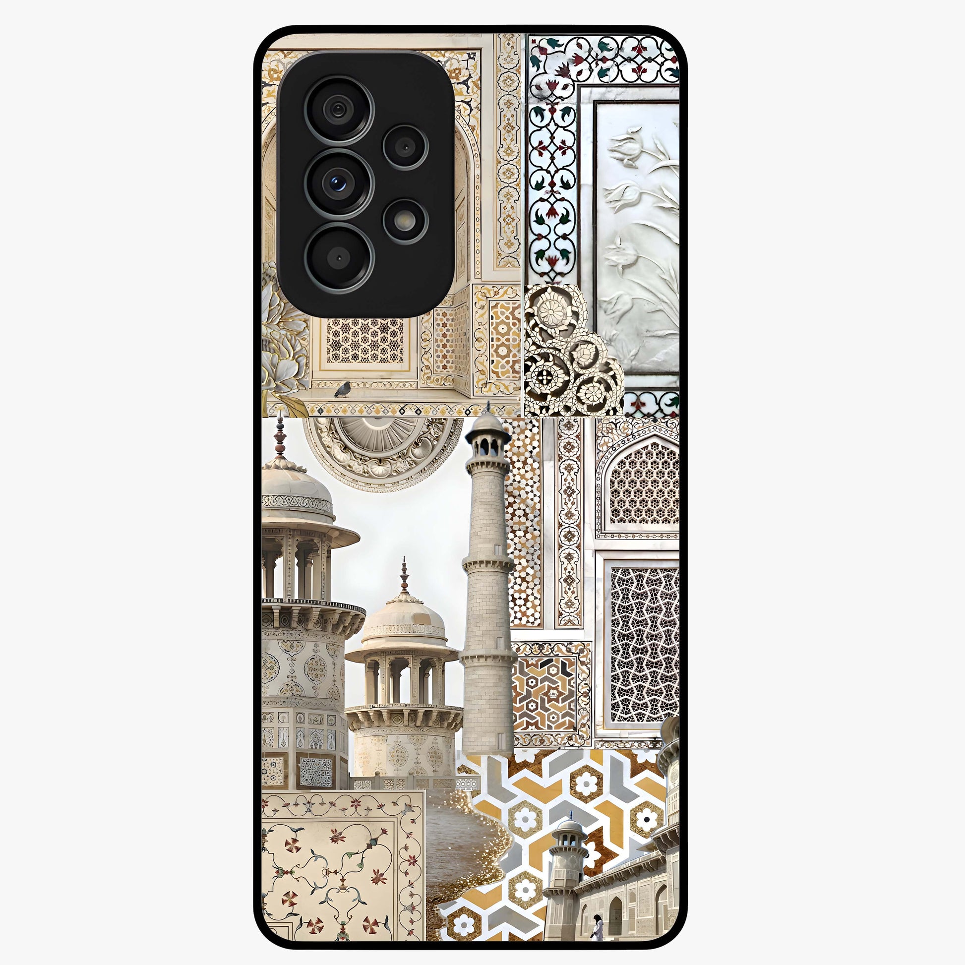 Mughal Marble Legacy Glass Case showing flat back view with intricate Mughal inspired marble pattern and glossy glass finish.