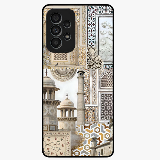 Mughal Marble Legacy Glass Case showing flat back view with intricate Mughal inspired marble pattern and glossy glass finish.