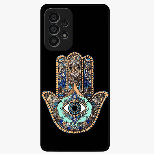 Mystic Hamsa Eye Glass Case showing flat back view with protective hamsa hand and evil eye artwork and glossy glass finish.