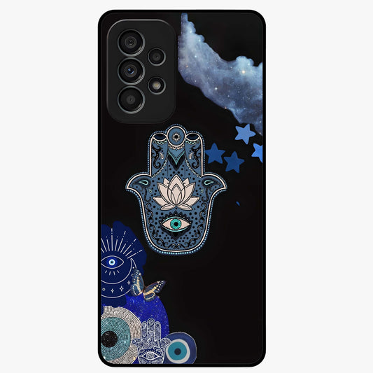 Mystic Hand Aura Glass Case showing flat back view with mystical hand symbol artwork and glossy glass finish.