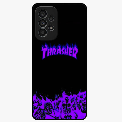 Neon Flame Riot Glass Case showing flat back view with neon flame artwork and glossy glass finish.