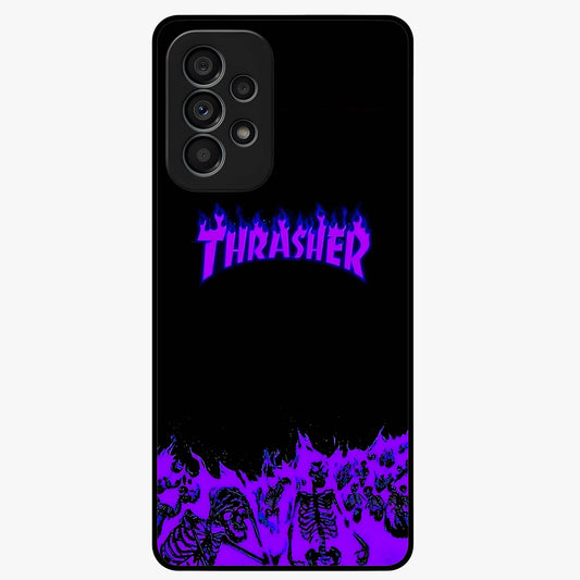 Neon Flame Riot Glass Case showing flat back view with neon flame artwork and glossy glass finish.