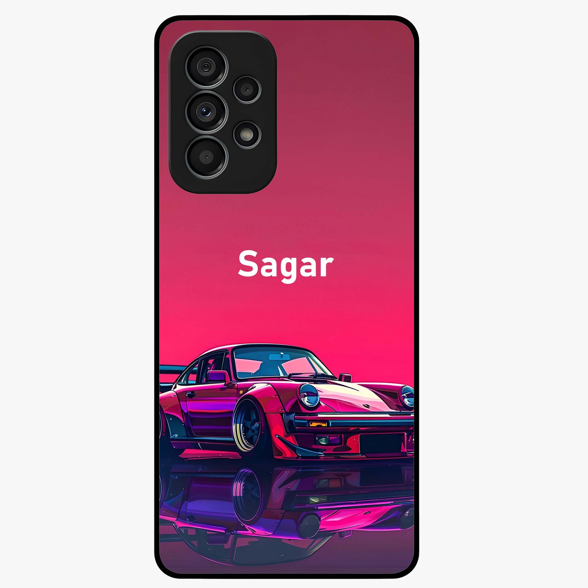Neon Pink Porsche Glass Case showing flat back view with stylish sports car artwork and glossy glass finish.