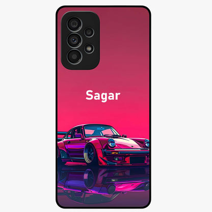 Neon Pink Porsche Glass Case showing flat back view with stylish sports car artwork and glossy glass finish.