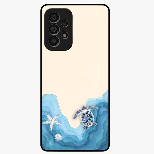 Ocean Drift Turtle Glass Case showing flat back view with sea turtle artwork and glossy glass finish.