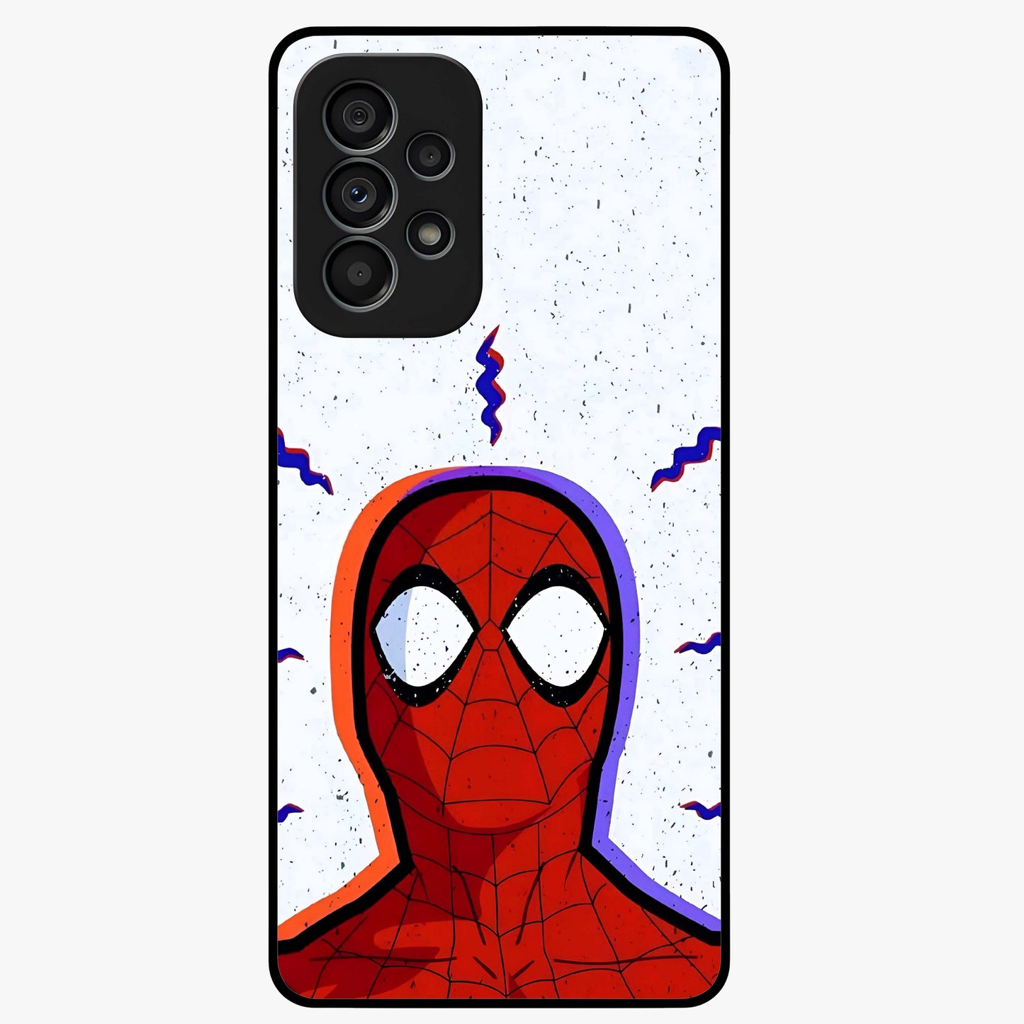 Omg Spiderman Glass Case showing flat back view with bold superhero inspired artwork and glossy glass finish.