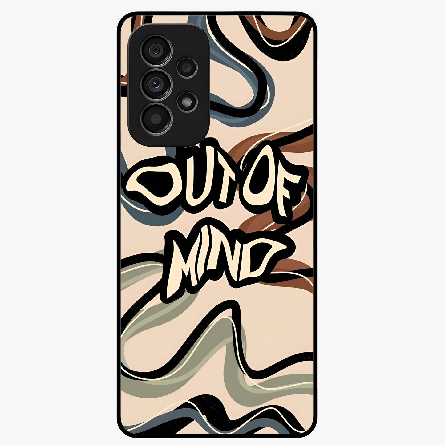 Out Of Mind Glass Case showing flat back view with expressive typography artwork and glossy glass finish.