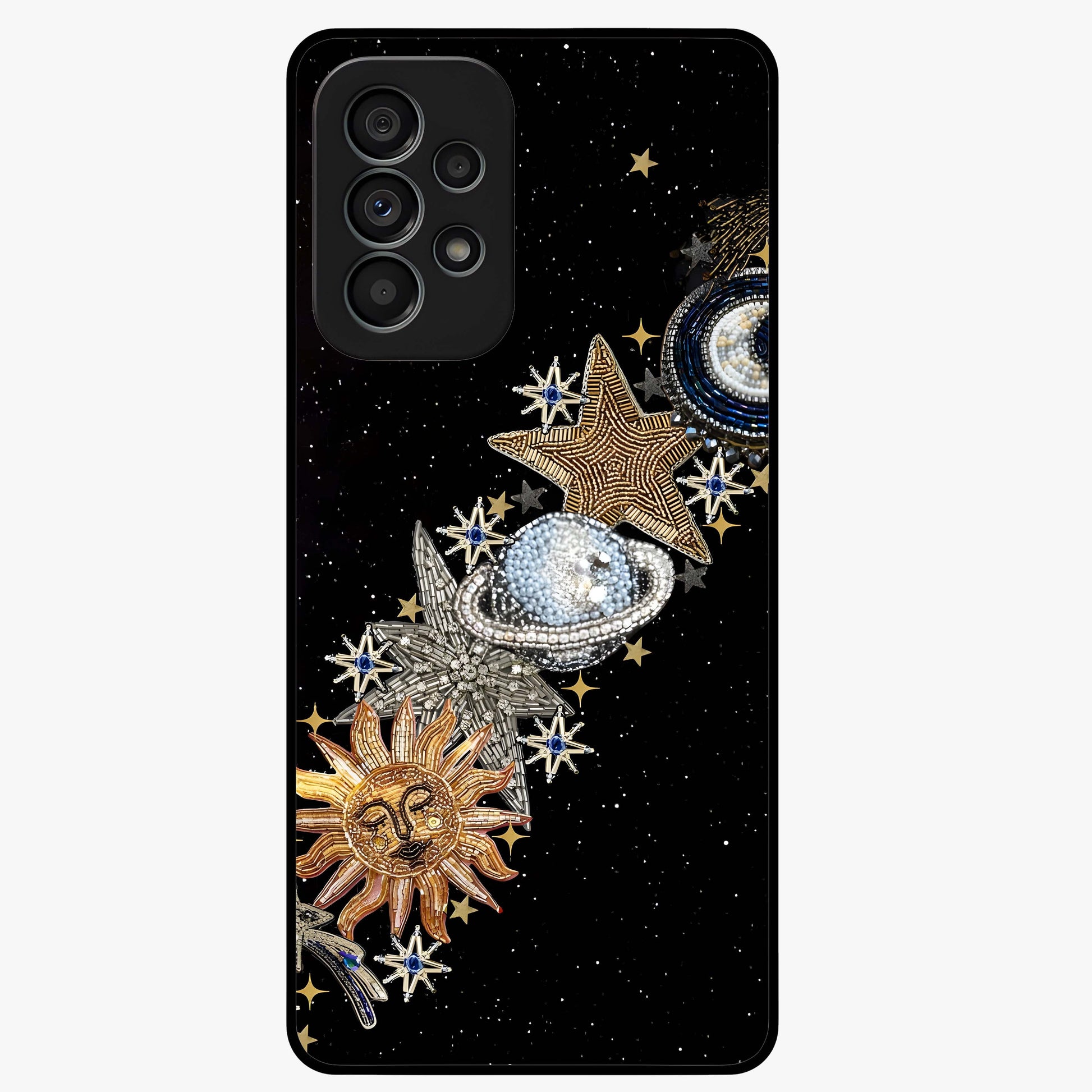 Pearls Universe Object Glass Case showing flat back view with pearl inspired cosmic artwork and glossy glass finish.