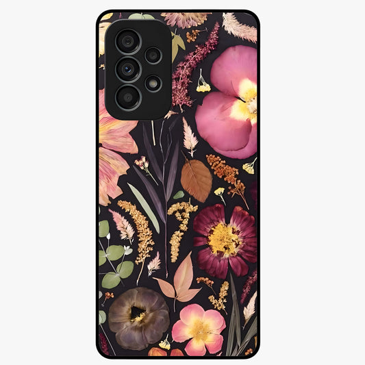 Petal Dream Tapestry Glass Case showing flat back view with intricate floral tapestry artwork and glossy glass finish.