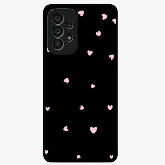 Pink Love Drops Glass Case showing flat back view with playful pink heart drops artwork and glossy glass finish.