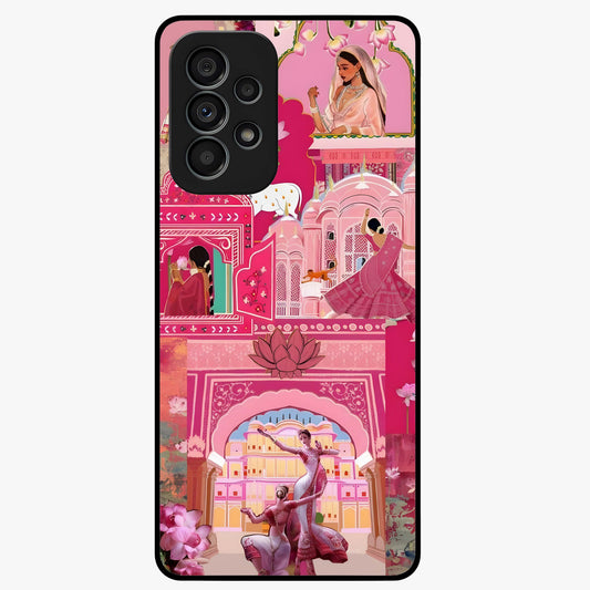 Pink Palace Muse Glass Case showing flat back view with elegant palace inspired artwork and glossy glass finish.