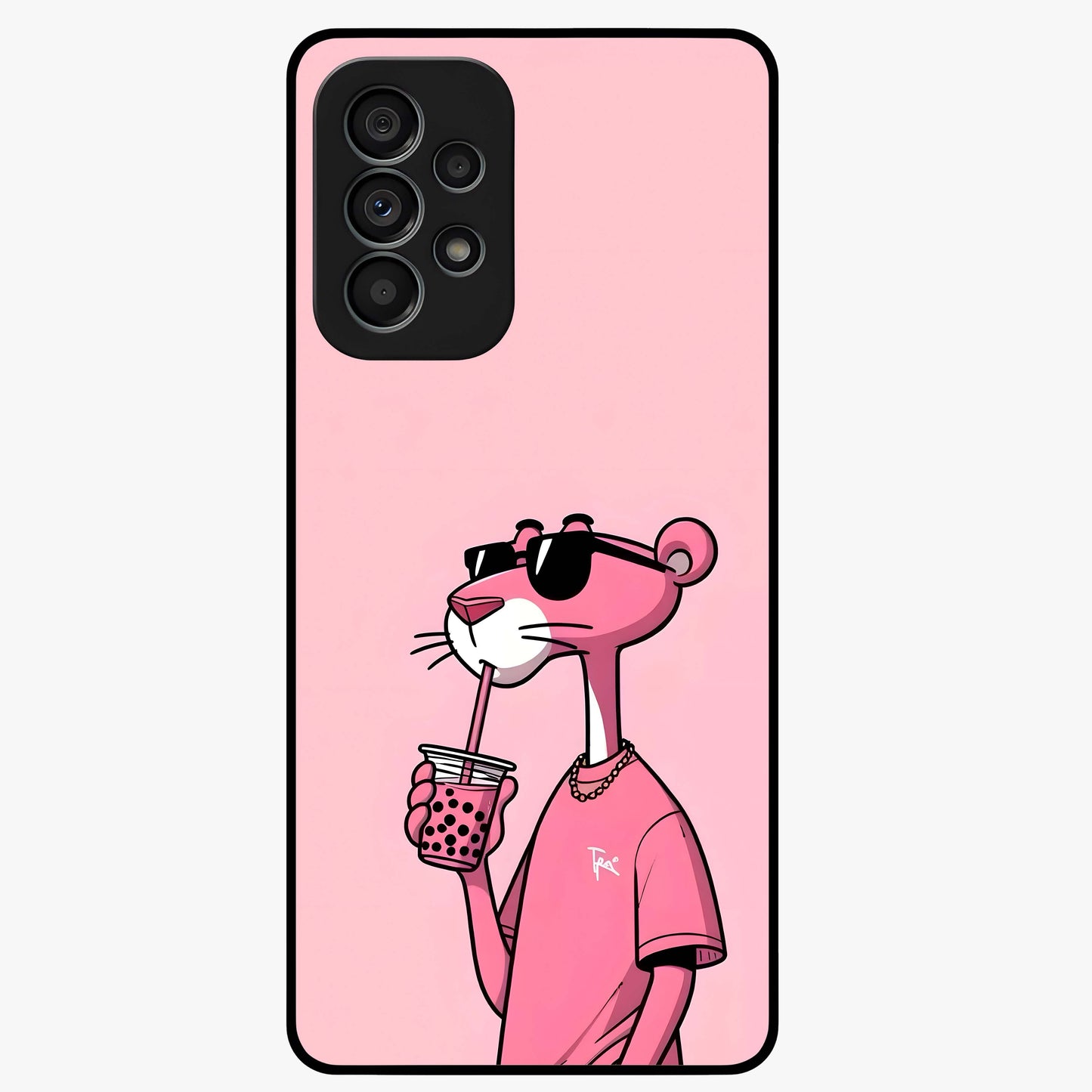 Pink Panther Glass Case showing flat back view with iconic pink panther artwork and glossy glass finish.