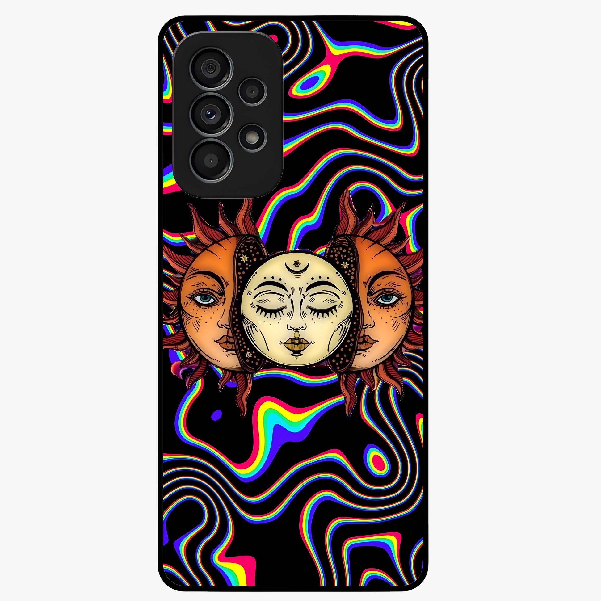 Psychedelic Sun Glass Case showing flat back view with colorful psychedelic sun artwork and glossy glass finish.