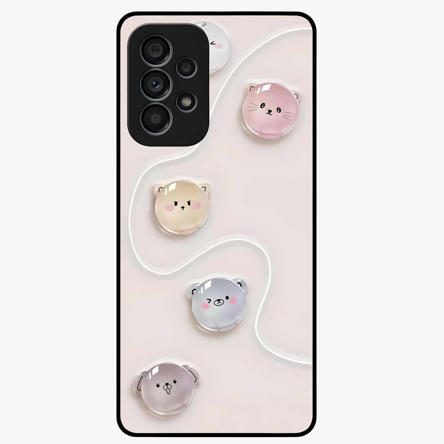 Puffy Face Parade Glass Case showing flat back view with cute puffy character faces artwork and glossy glass finish.