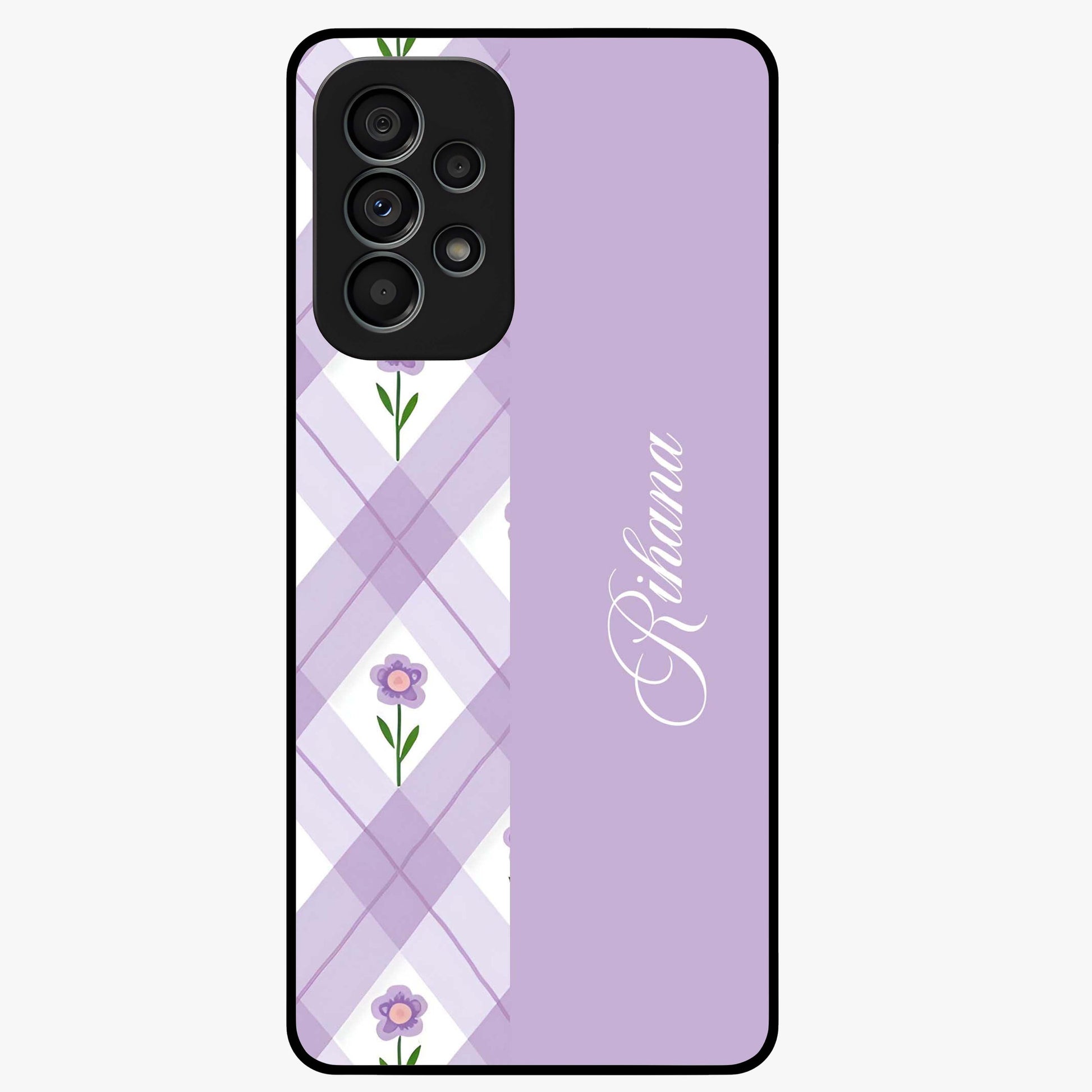 Purple Diamond Floral Glass Case showing flat back view with diamond shaped floral artwork and glossy glass finish.