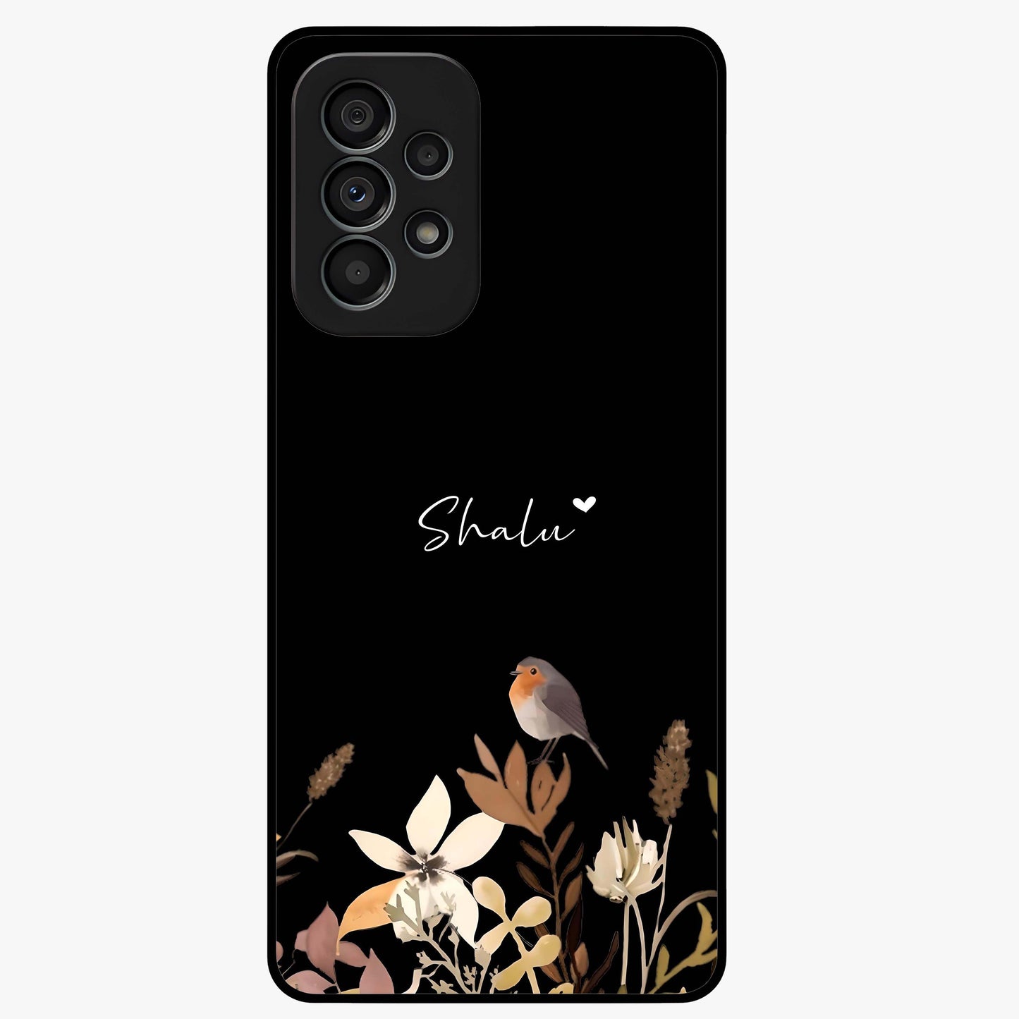 Quiet Garden Tune Custom Name Glass Case showing flat back view with peaceful garden artwork and personalized name design.