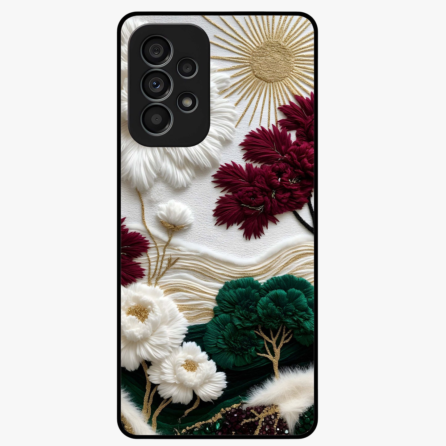 Radiant Bloom Elegance Glass Case showing flat back view with elegant blooming flower artwork and glossy glass finish.