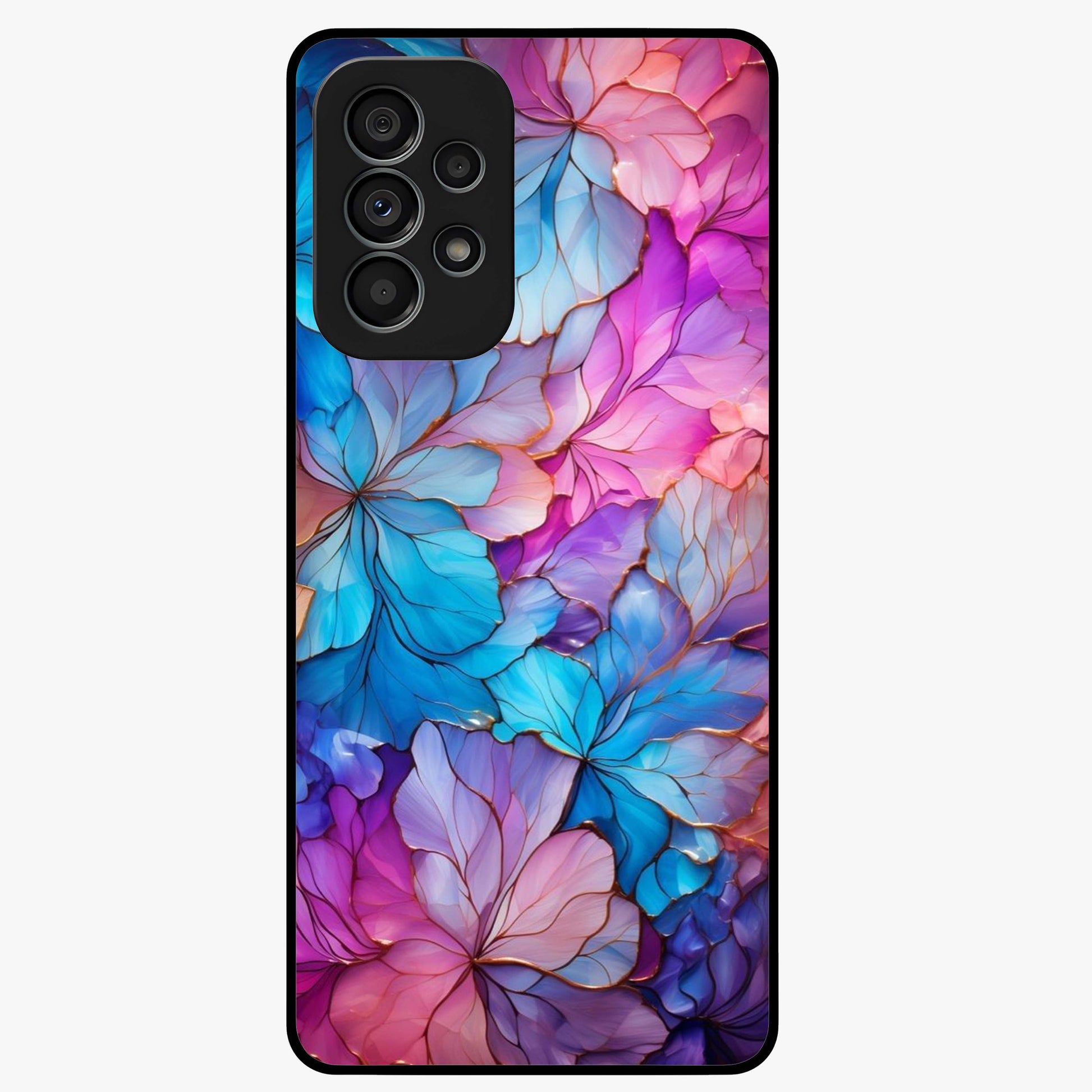 Radiant Floral Whirl Glass Case showing flat back view with swirling floral artwork and glossy glass finish.