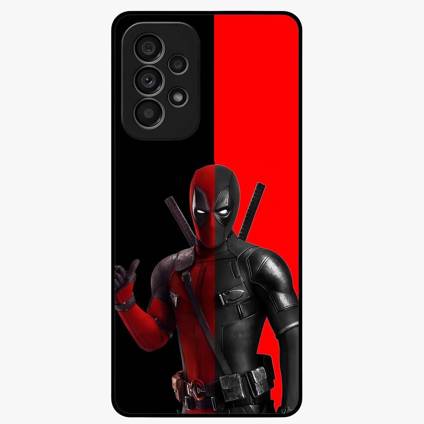 Red & Black Deadpool Theme Glass Case showing flat back view with bold comic inspired artwork and glossy glass finish.