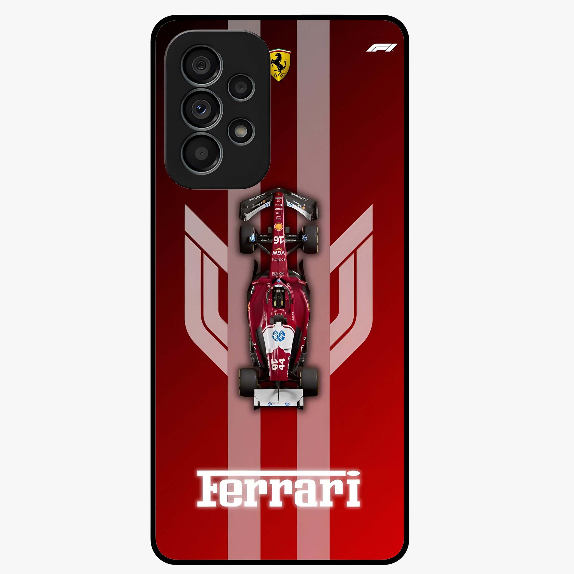 Red Ferrari F1 Vertical Glass Case showing flat back view with sleek Formula racing car artwork and glossy glass finish.