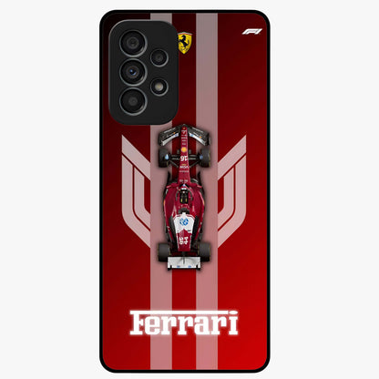 Red Ferrari F1 Vertical Glass Case showing flat back view with sleek Formula racing car artwork and glossy glass finish.