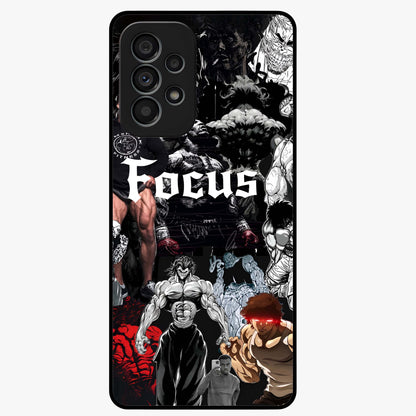 Relentless Power Focus Glass Case showing flat back view with motivational typography artwork and glossy glass finish.