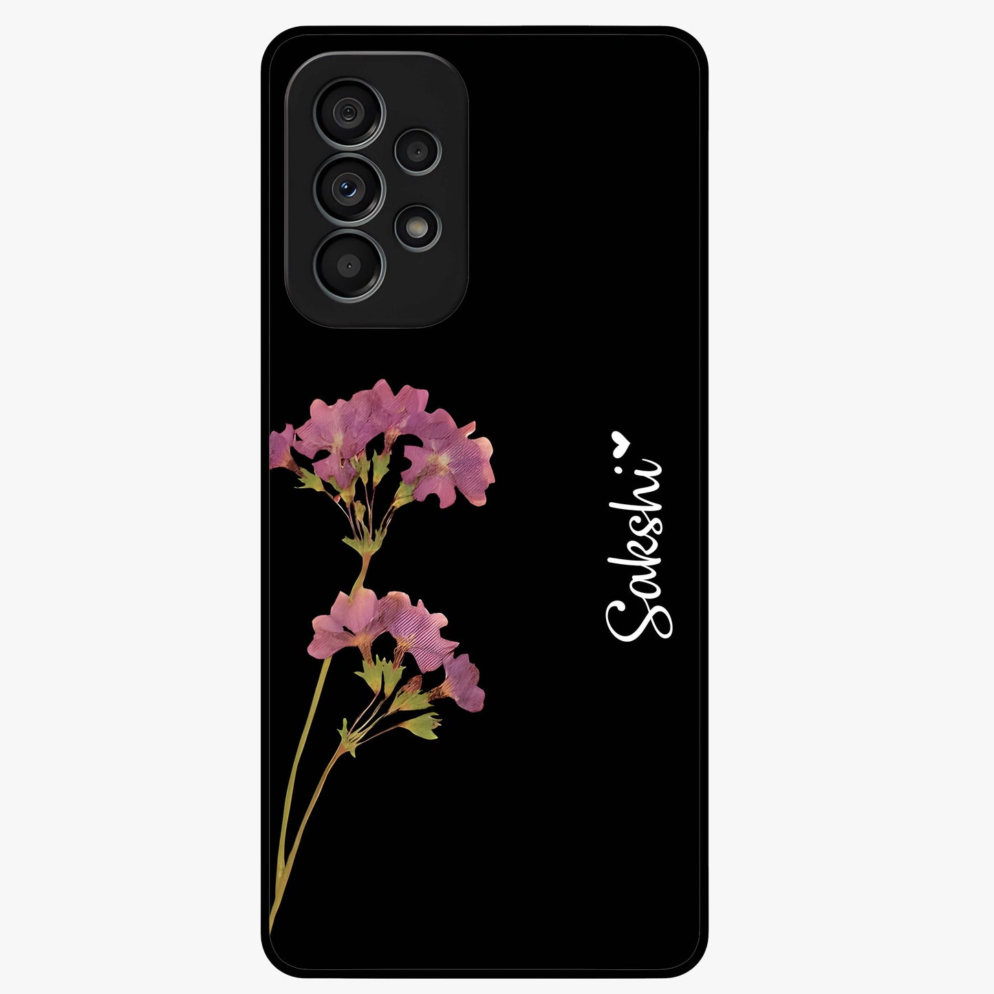 Riching Lavender Flower Custom Name Glass Case showing flat back view with lavender floral artwork and personalized name design.