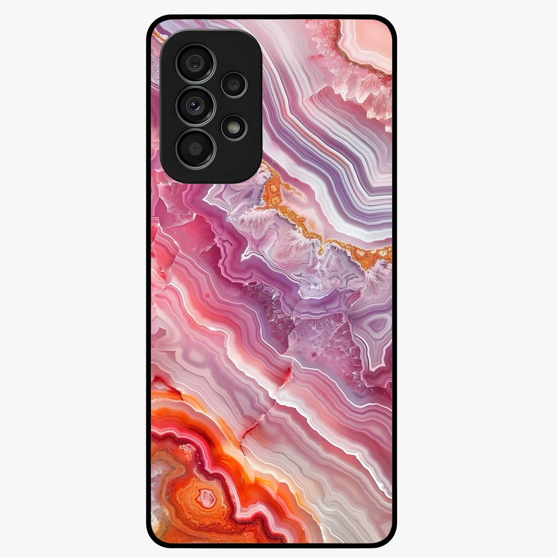 Rose Quartz Marble Glass Case showing flat back view with pink marble quartz texture artwork and glossy glass finish.