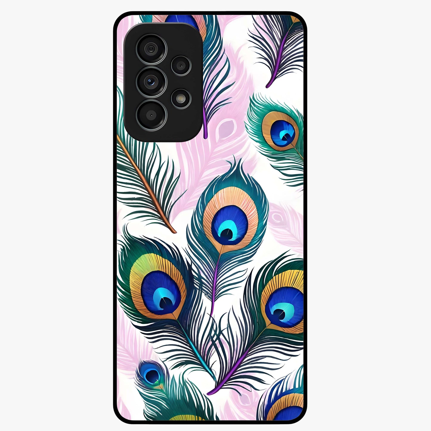 Royal Peacock Feathers Glass Case showing flat back view with colorful peacock feather artwork and glossy glass finish.