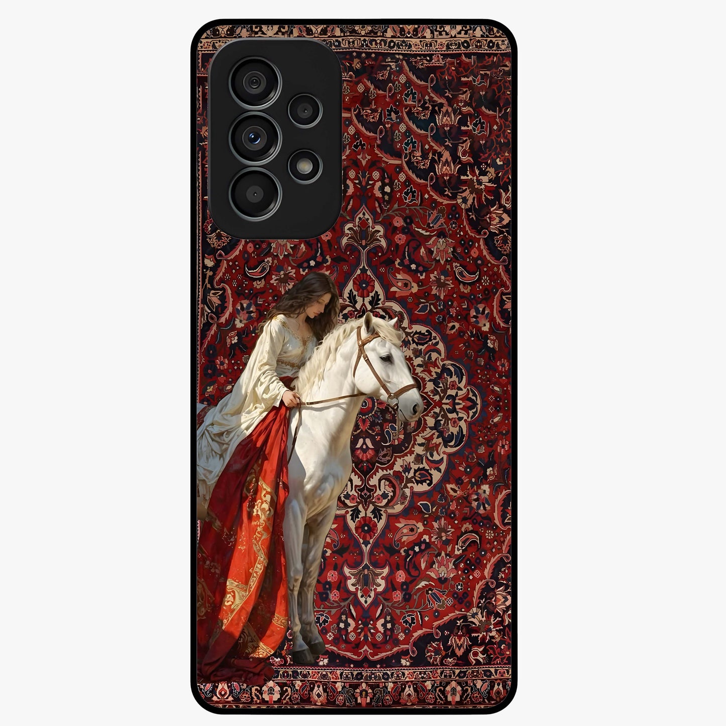 Royal Rider Tapestry Glass Case showing flat back view with majestic horse rider tapestry artwork and glossy glass finish.