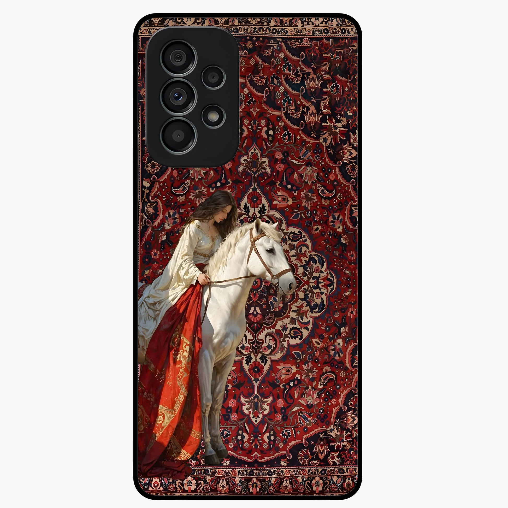 Royal Rider Tapestry Glass Case showing flat back view with majestic horse rider tapestry artwork and glossy glass finish.