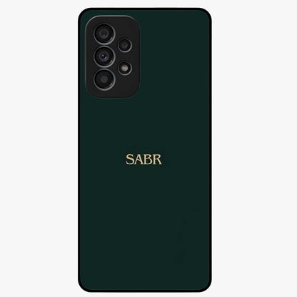 Sabr Minimal Patience Glass Case showing flat back view with minimalist typography artwork and glossy glass finish.