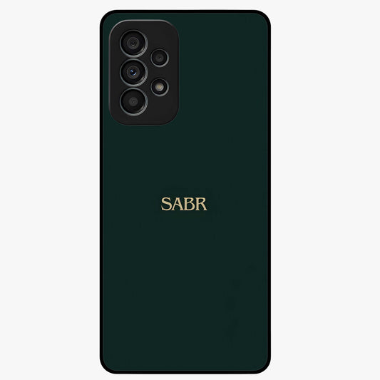 Sabr Minimal Patience Glass Case showing flat back view with minimalist typography artwork and glossy glass finish.