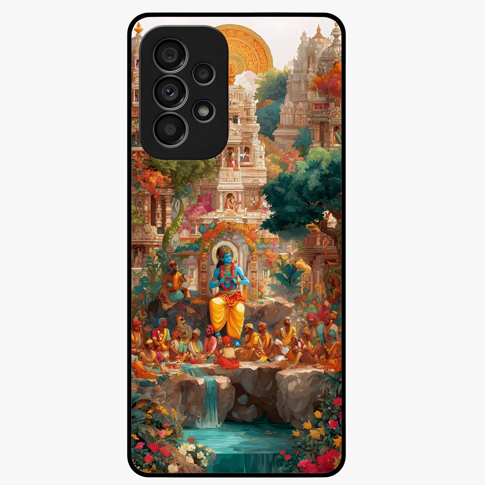 Sacred Sunlight Gods Glass Case showing flat back view with divine sunlight themed artwork and glossy glass finish.