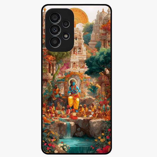 Sacred Sunlight Gods Glass Case showing flat back view with divine sunlight themed artwork and glossy glass finish.