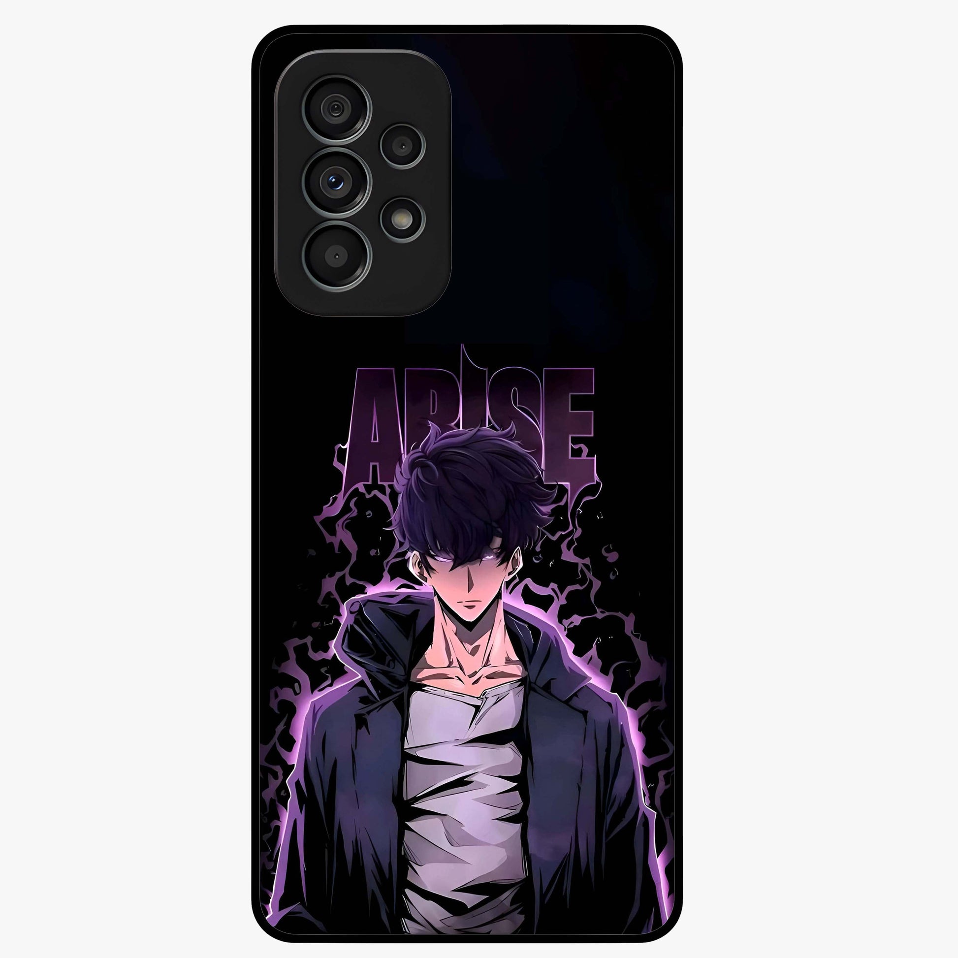 Shadow Monarch Awakening Glass Case showing flat back view with powerful dark monarch themed artwork and glossy glass finish.