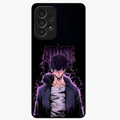 Shadow Monarch Awakening Glass Case showing flat back view with powerful dark monarch themed artwork and glossy glass finish.
