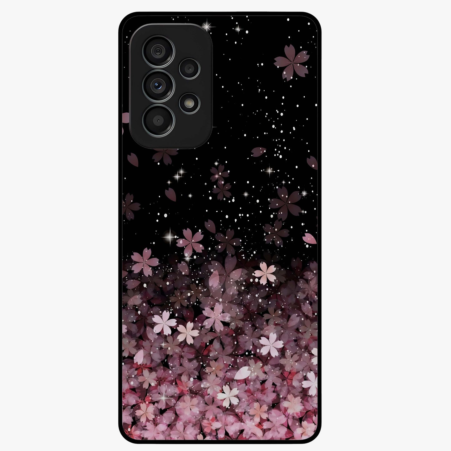 Small Starry Flowers Glass Case showing flat back view with delicate starry floral artwork and glossy glass finish.