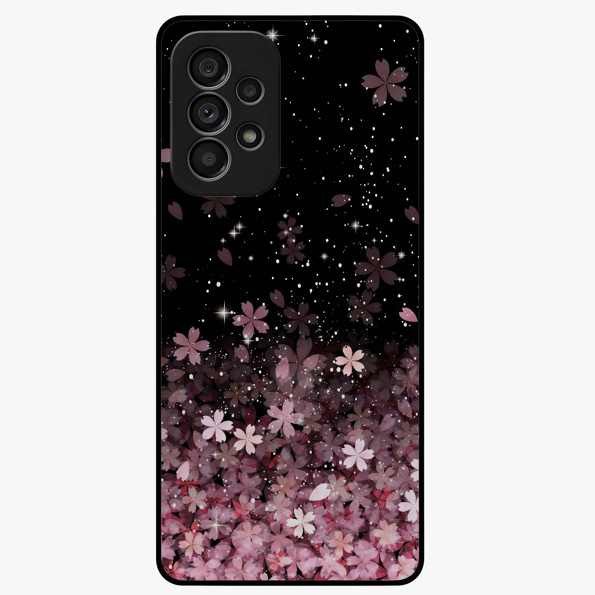 Small Starry Flowers Glass Case showing flat back view with delicate starry floral artwork and glossy glass finish.