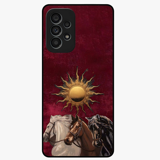 Solar Riders Glass Case showing flat back view with dynamic rider themed artwork and glossy glass finish.
